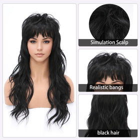 SeclitWu 22-Inch Retro Black Mullet Wig – Wolf Cut with Bangs, Heat-Resistant Synthetic