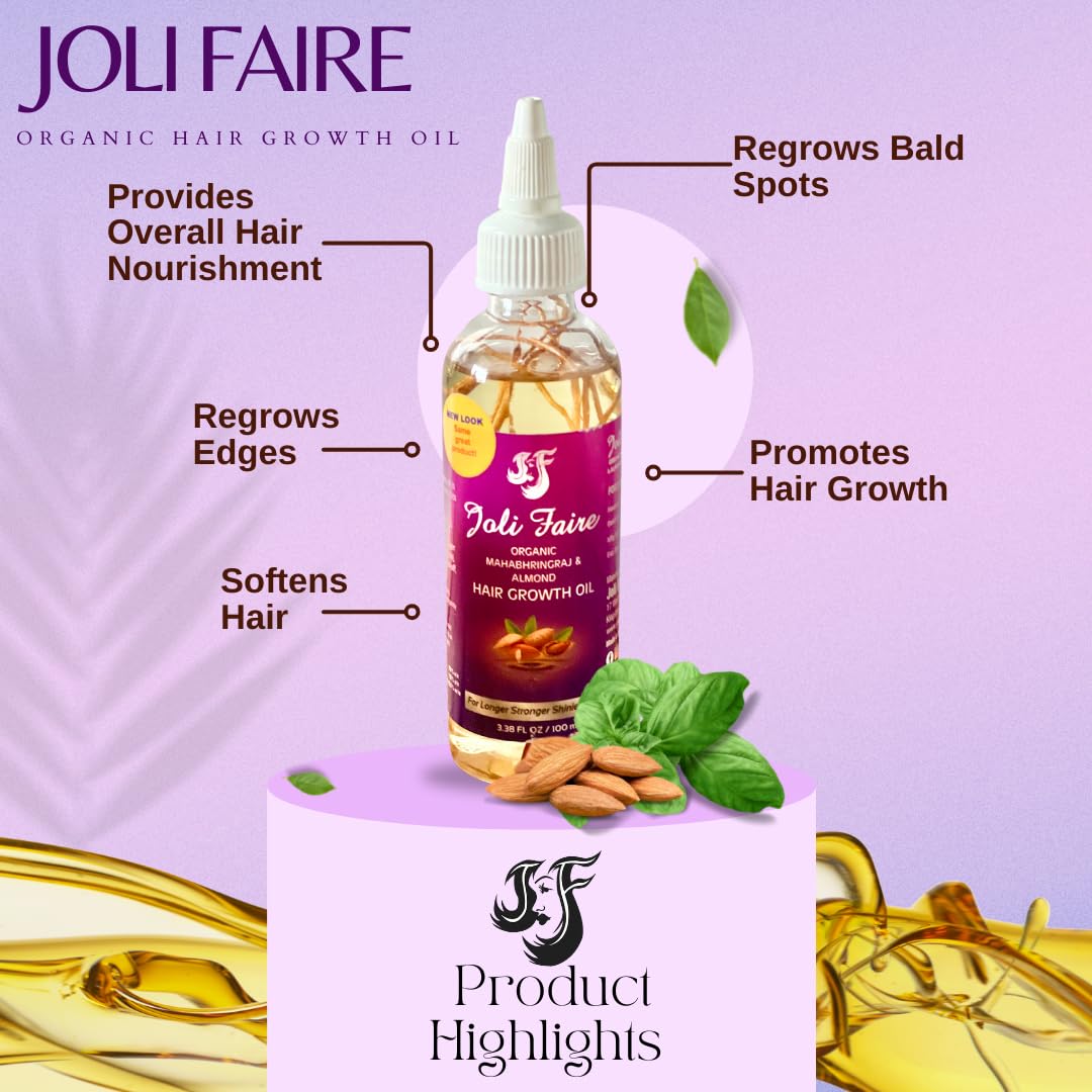 Joli Faire Organic Hair Growth Oil with Mahabhringraj & Almond – Thickening, Nourishment, Edges & Bald Spot Care (3.38 fl oz)