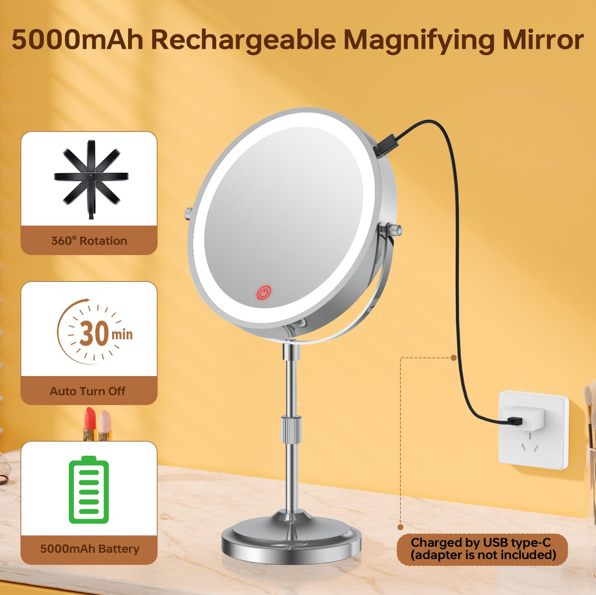 Erlingeryi 9-Inch Lighted Makeup Mirror with 20x Magnification, 3 Lighting Colors, and Rechargeable Battery