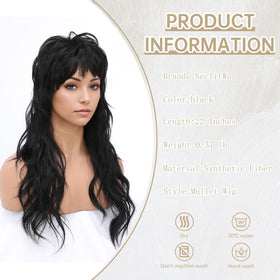 SeclitWu 22-Inch Retro Black Mullet Wig – Wolf Cut with Bangs, Heat-Resistant Synthetic