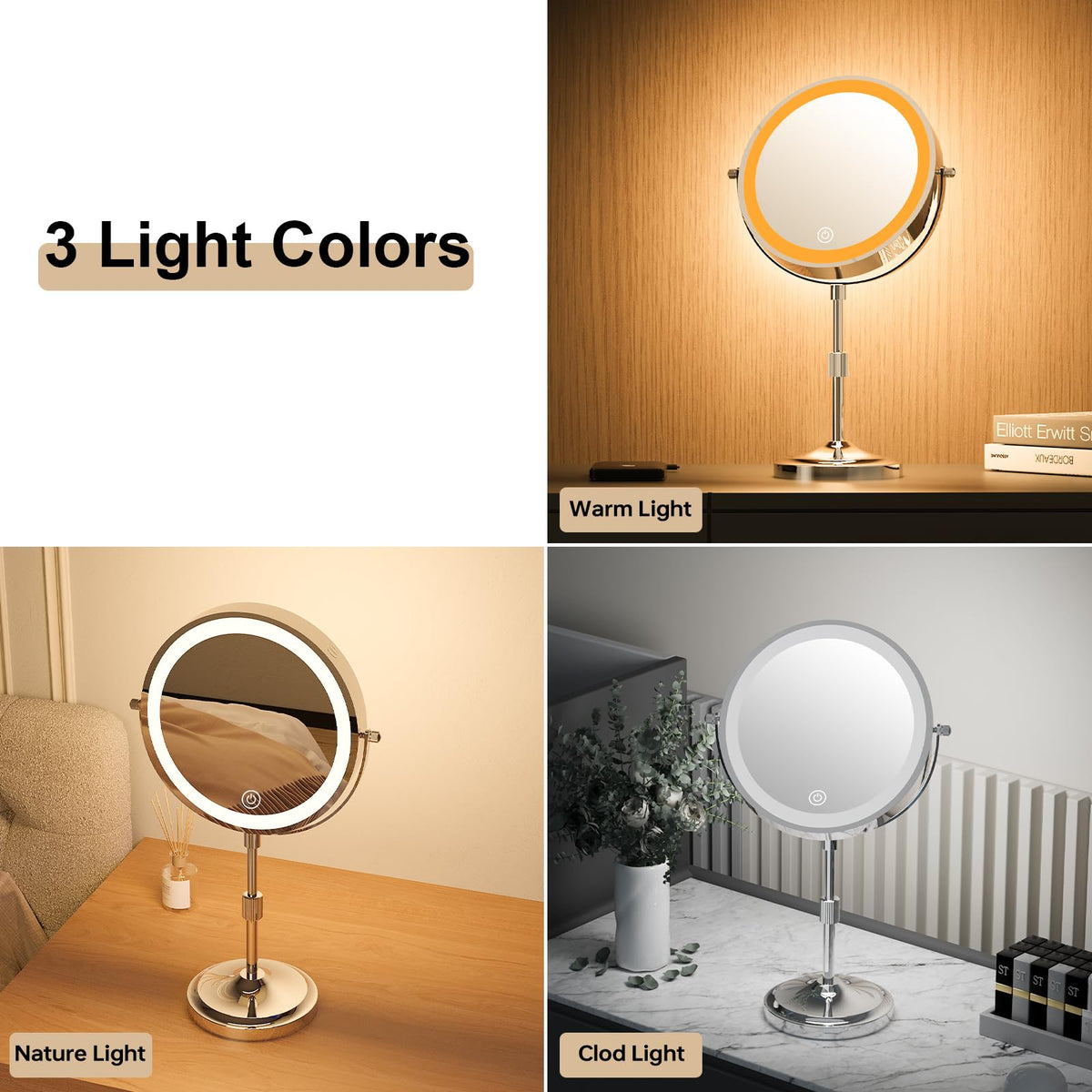 Erlingeryi 9-Inch Lighted Makeup Mirror with 20x Magnification, 3 Lighting Colors, and Rechargeable Battery