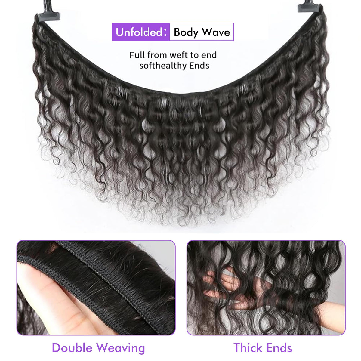 Fylora natural black body wave bundles showing healthy shine