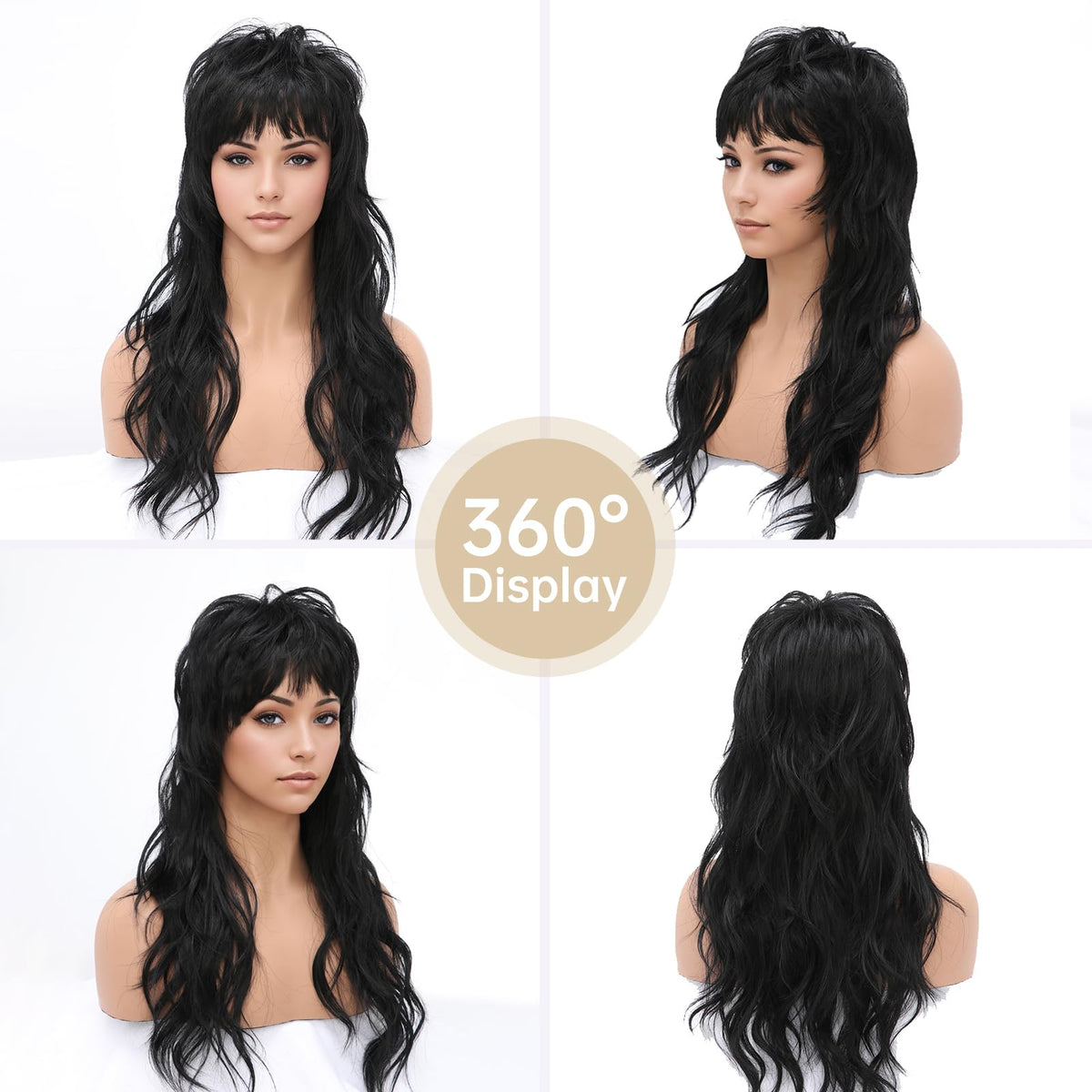 SeclitWu 22-Inch Retro Black Mullet Wig – Wolf Cut with Bangs, Heat-Resistant Synthetic
