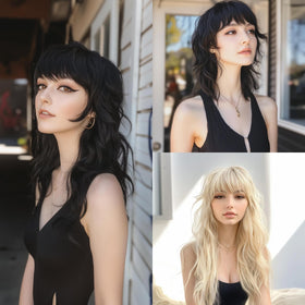 SeclitWu 22-Inch Retro Black Mullet Wig – Wolf Cut with Bangs, Heat-Resistant Synthetic
