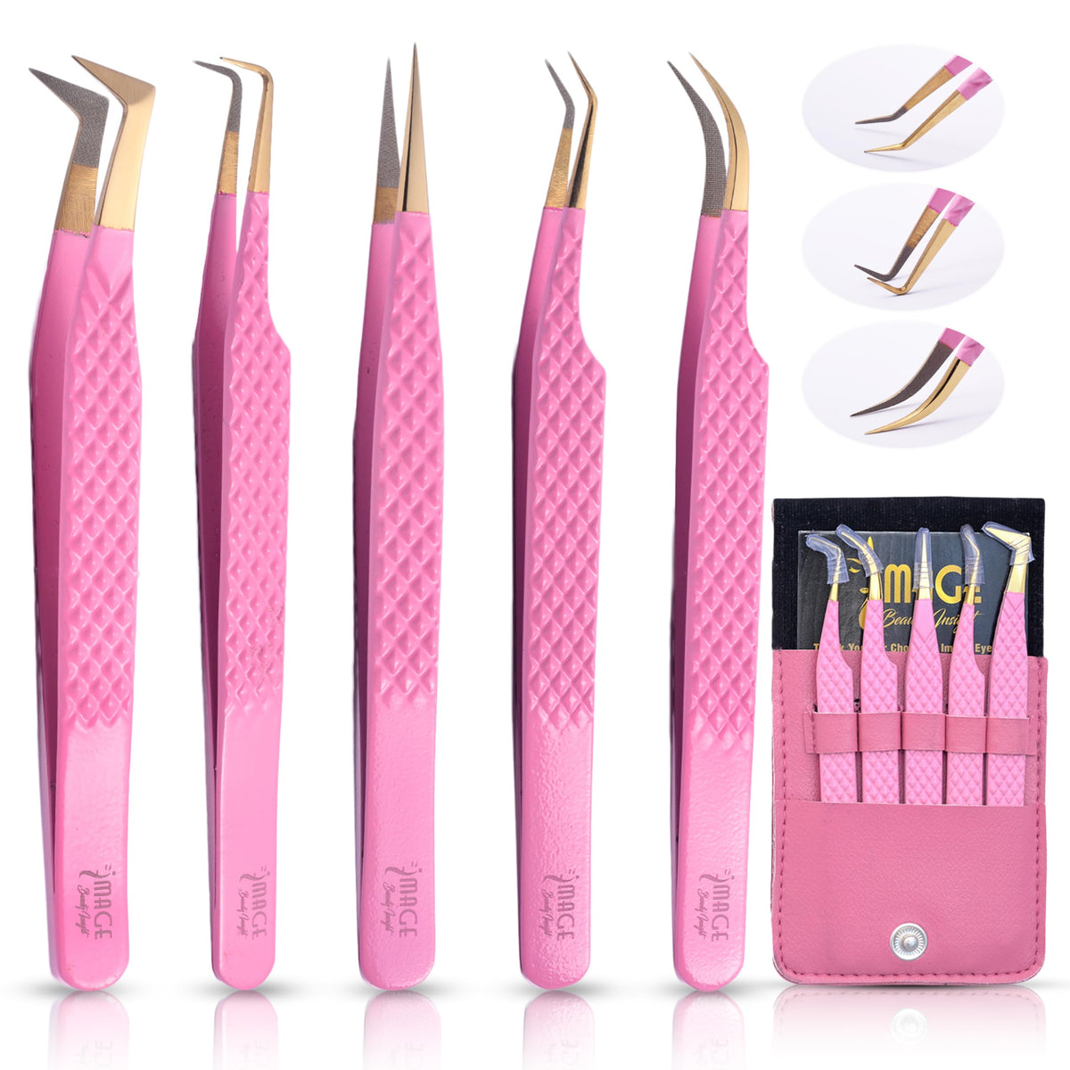 Image Beauty Insight 5pcs fiber-tip tweezer set in pink for precise lash work