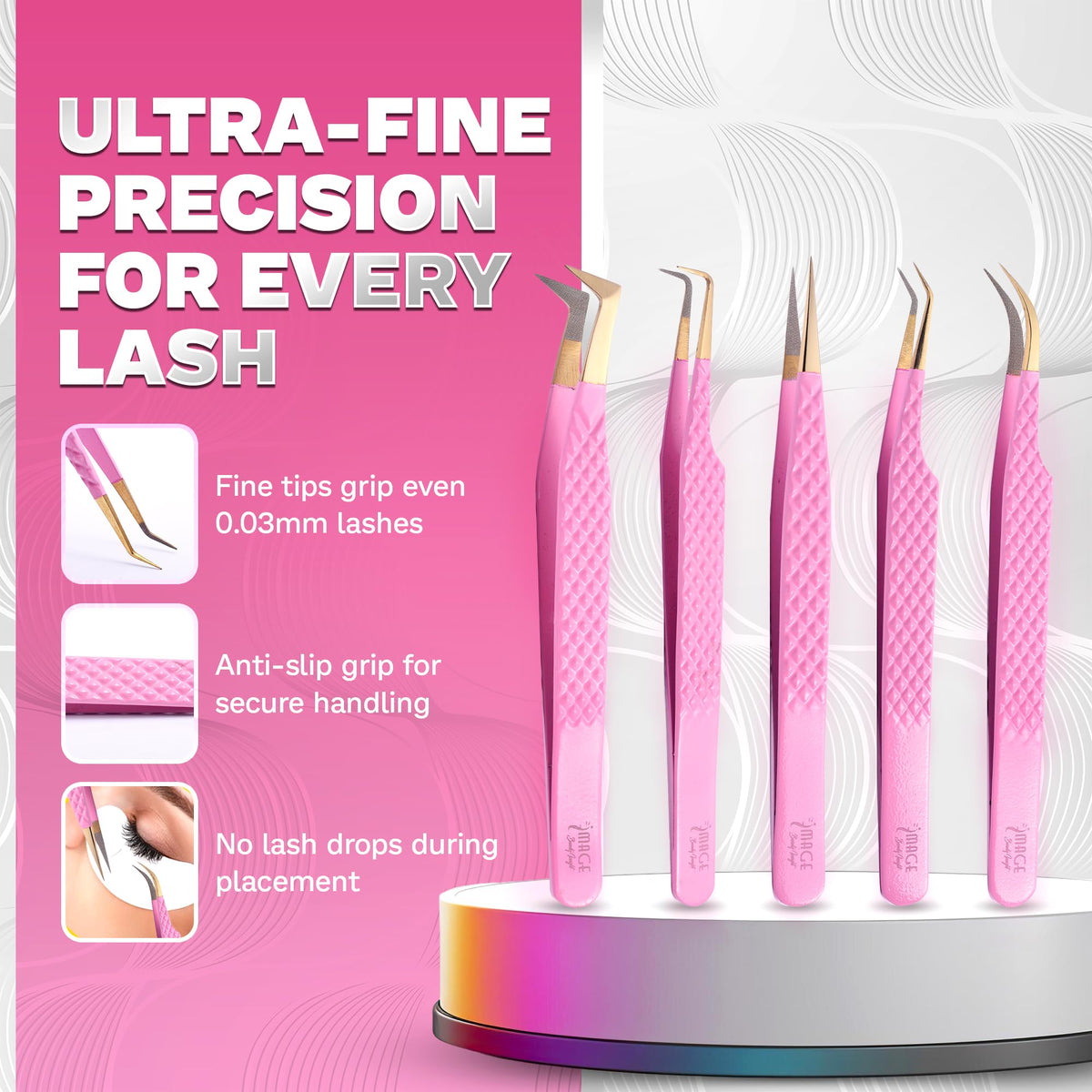 Image Beauty Insight 90-degree volume tweezer in pink for precise fan creation