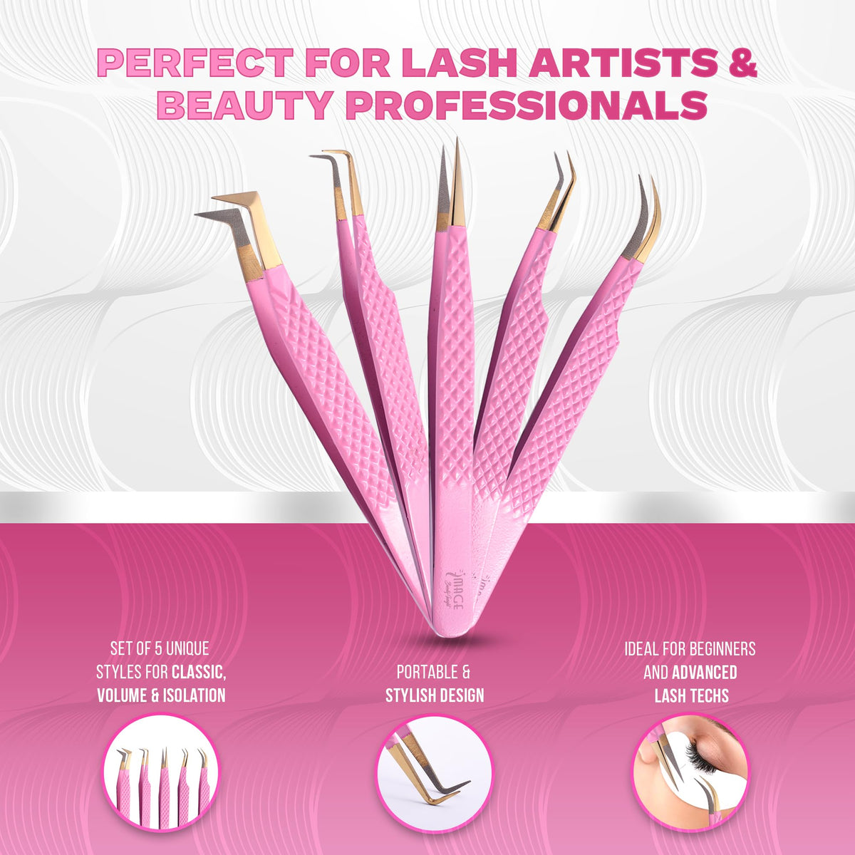 Image Beauty Insight curved tweezer in pink for versatile lash placement