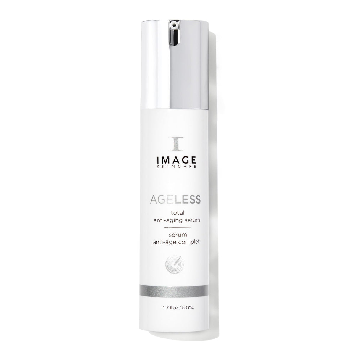 IMAGE Skincare AGELESS Total Serum bottle with pump demonstrates convenient daily anti-aging care.