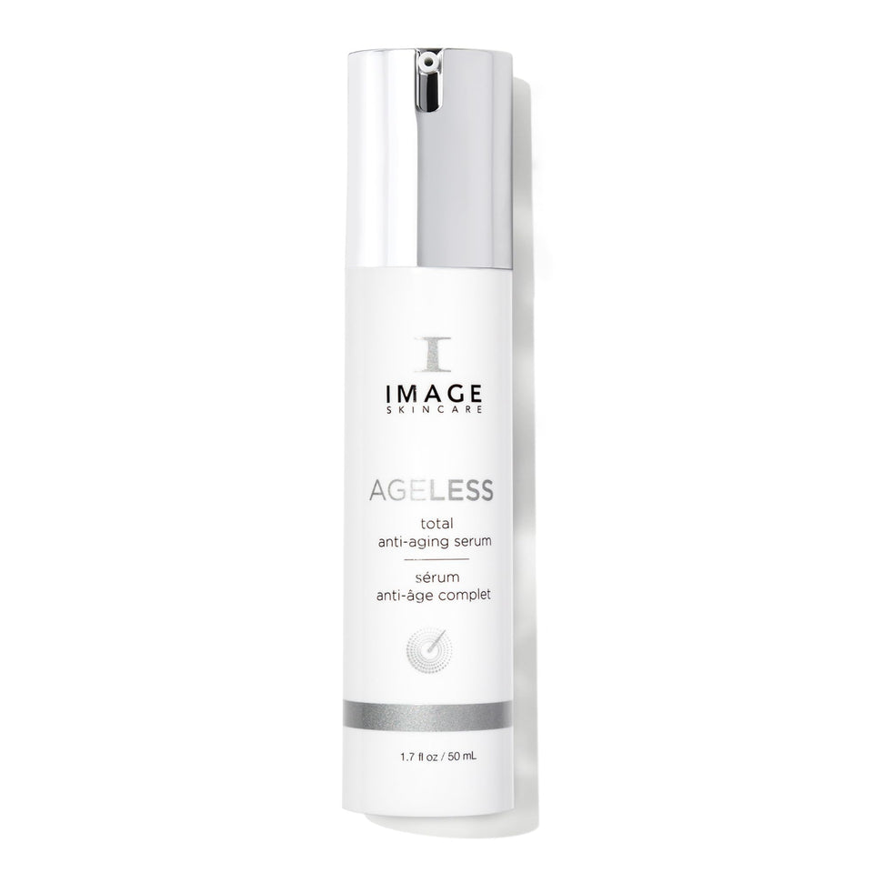 IMAGE Skincare AGELESS Total Serum bottle with pump demonstrates convenient daily anti-aging care.