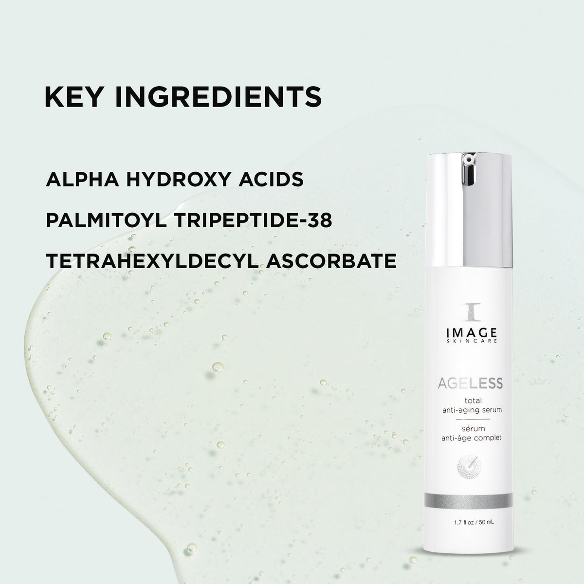 IMAGE Skincare AGELESS Total Serum ingredient card emphasizes peptides and vitamin C benefits.
