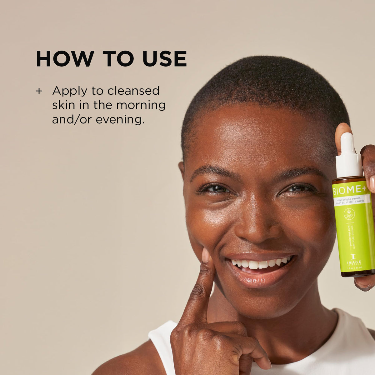 Recyclable glass bottle and FSC packaging of IMAGE Skincare BIOME+ Dew Bright Serum.