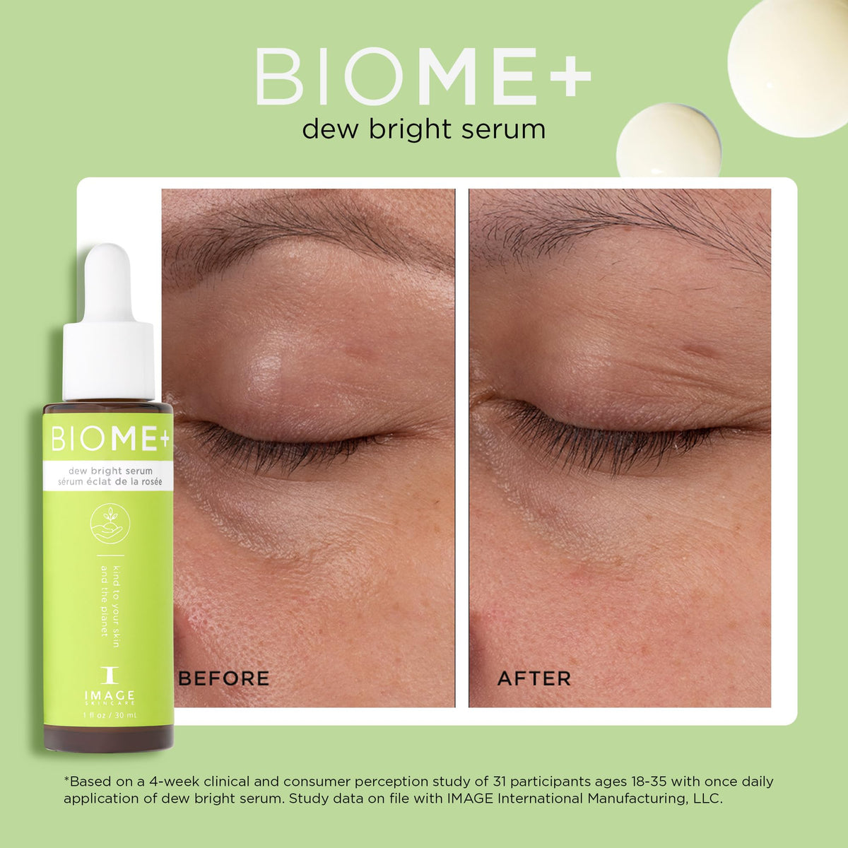 Silky texture of IMAGE Skincare BIOME+ Dew Bright Serum on skin.