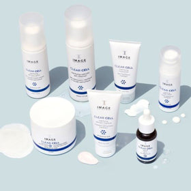 IMAGE Skincare CLEAR CELL Mattifying Moisturizer routine scene with other skincare products
