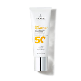IMAGE Skincare DAILY PREVENTION Ultra Defense moisturizer bottle showing SPF 50 protection and fragrance-free design.