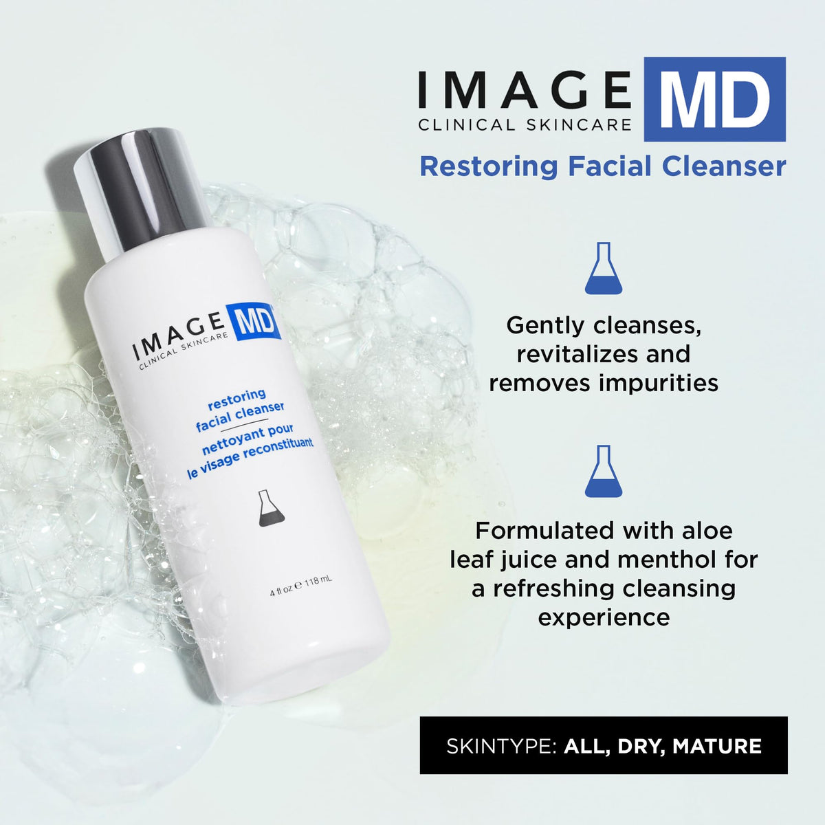 IMAGE Skincare MD Restoring Facial Cleanser foaming-lather highlights a refreshing cleanse for renewed texture