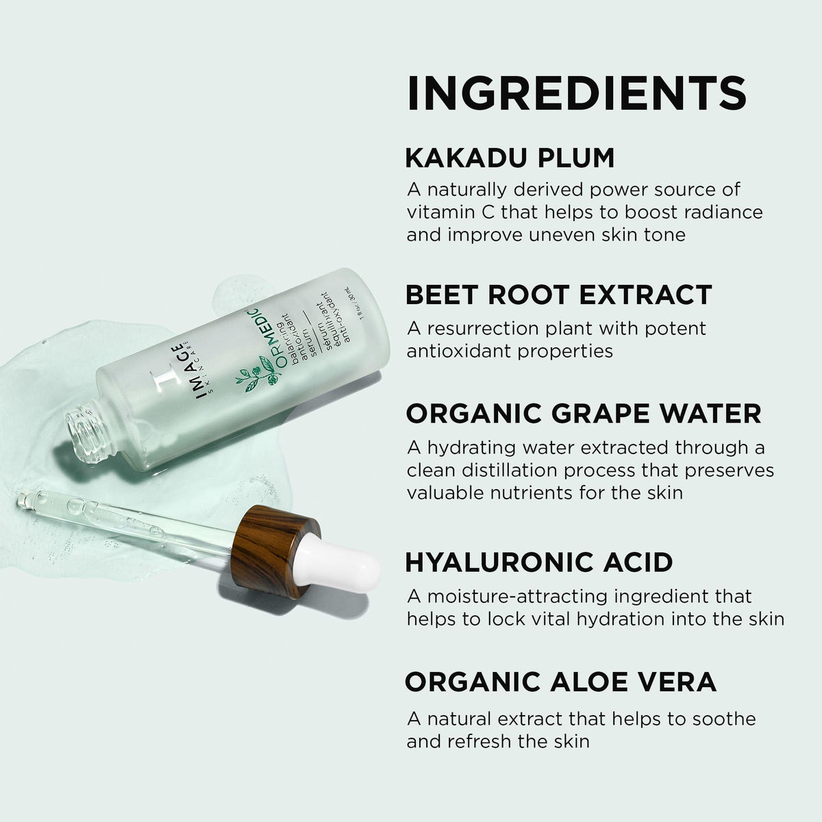 IMAGE Skincare ORMEDIC Balancing Serum highlights kakadu plum for vitamin C and even tone.