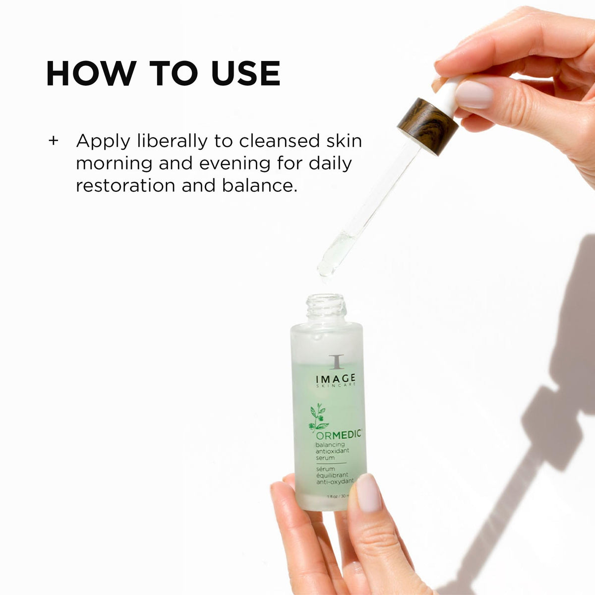 IMAGE Skincare ORMEDIC Balancing Serum applied to face yields a radiant, hydrated finish.
