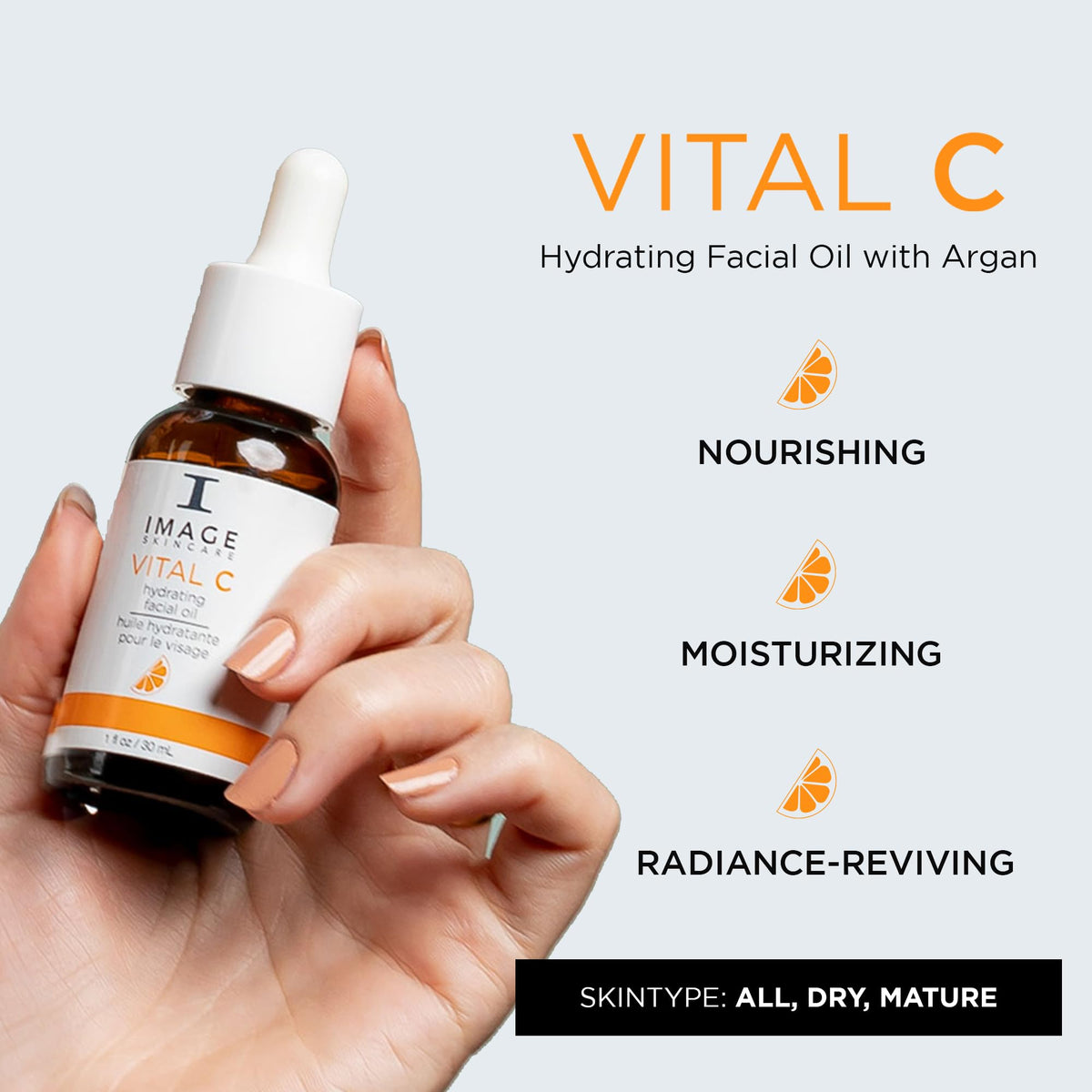 Close-up of Vital C oil in amber bottle ready to apply