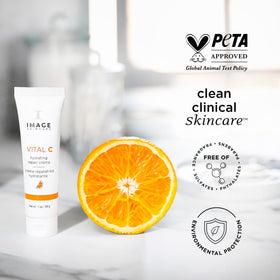 Vital C Hydrating Repair Creme ingredient icons highlight ceramides and hyaluronic acid.