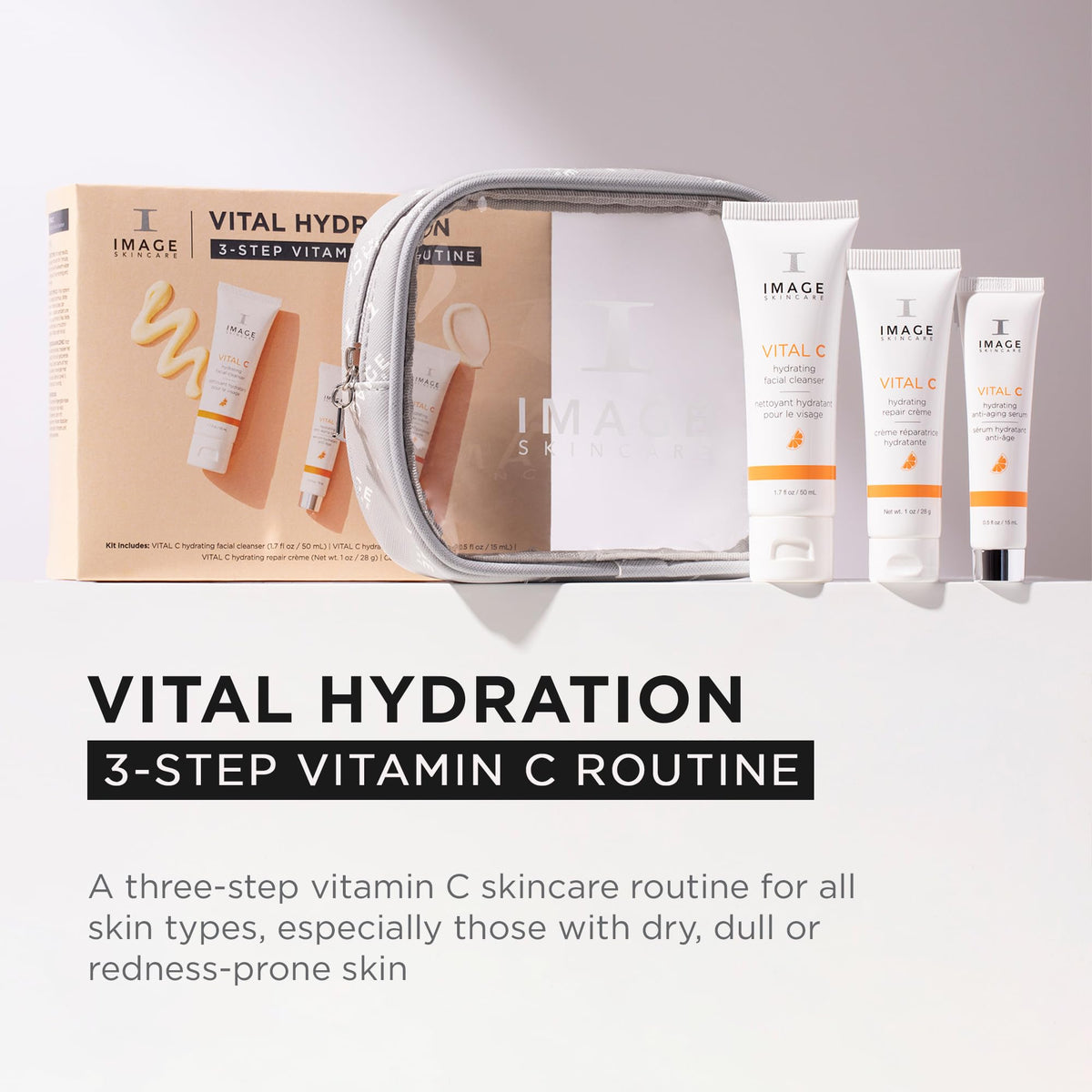 IMAGE Skincare Vital C serum dropper showing brightening and hydration.