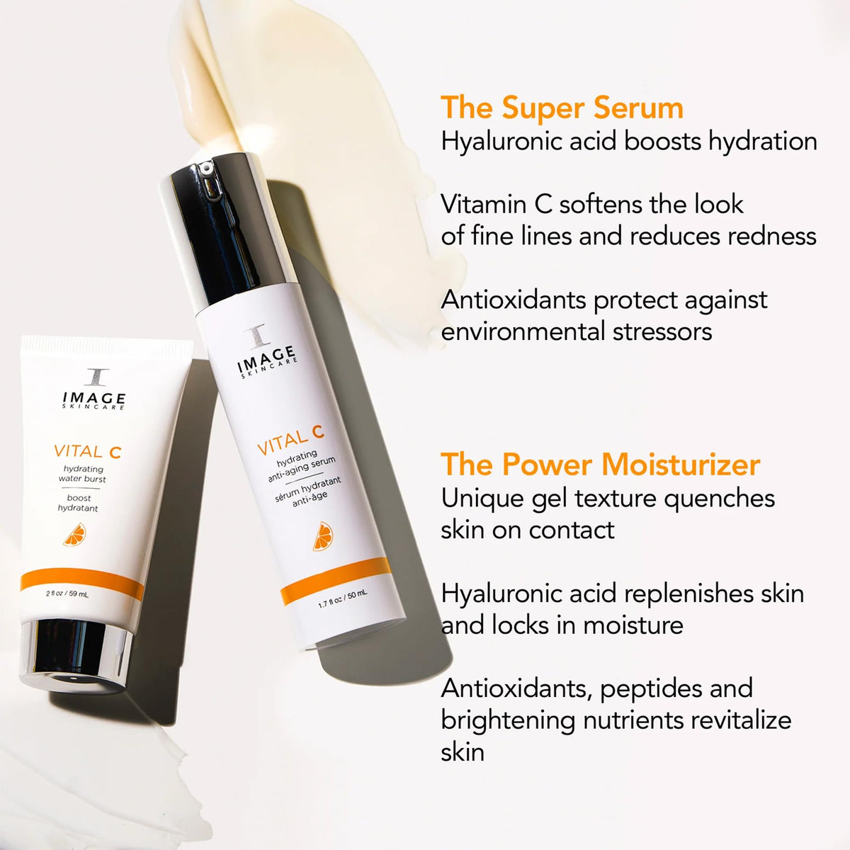 Person applying IMAGE Skincare VITAL C serum and Water Burst in routine
