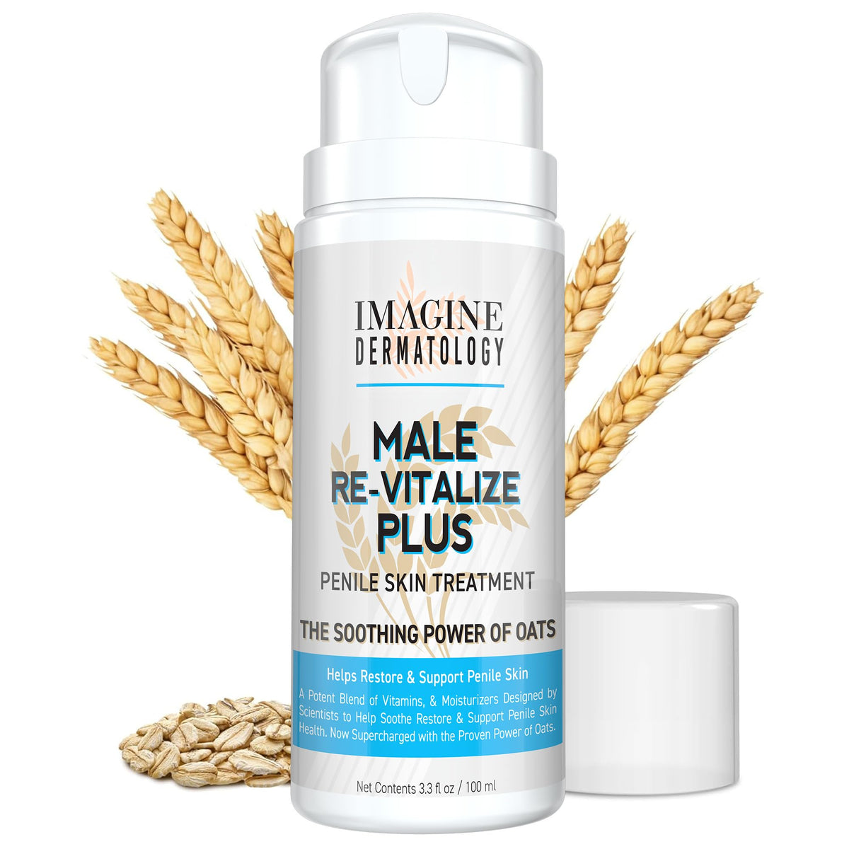 Imagine Dermatology Male Re-Vitalize Plus tube front for soothing penile skin care