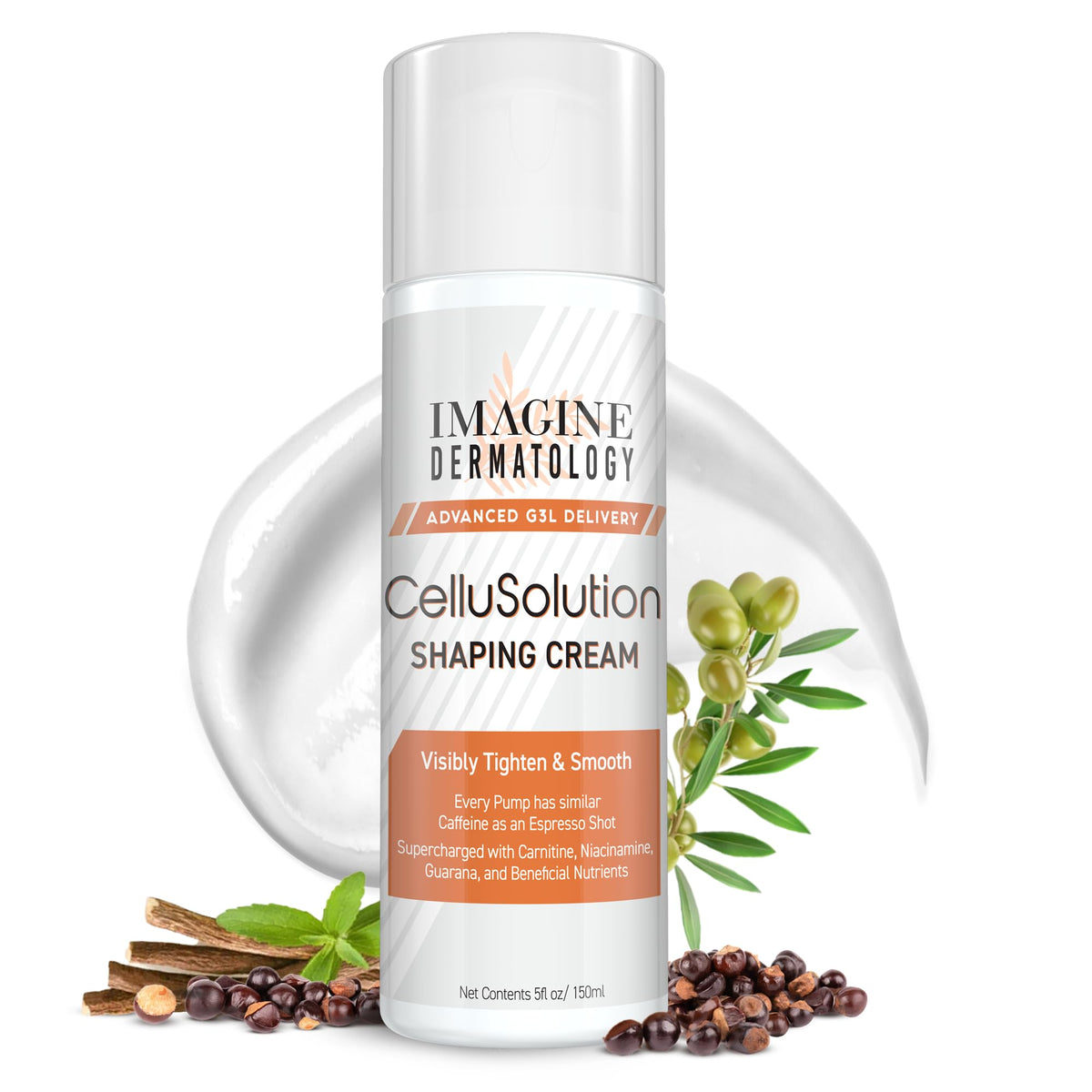 Imagine Dermatology CelluSolution caffeine cream pump bottle for mess-free, targeted application.