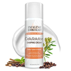 Imagine Dermatology CelluSolution caffeine cream pump bottle for mess-free, targeted application.