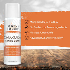 Imagine Dermatology CelluSolution ingredients include vitamin C, vitamin E, and green tea for antioxidant support.