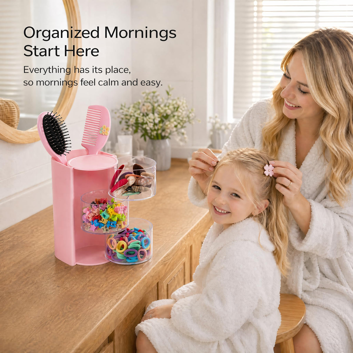 Imakmasion 3-tier caddy keeps scrunchies within reach on the dresser for tidy mornings.
