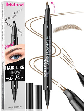 iMethod Curved Eyebrow Pen Blonde swatch demonstrates natural hair-like strokes for fuller brows.