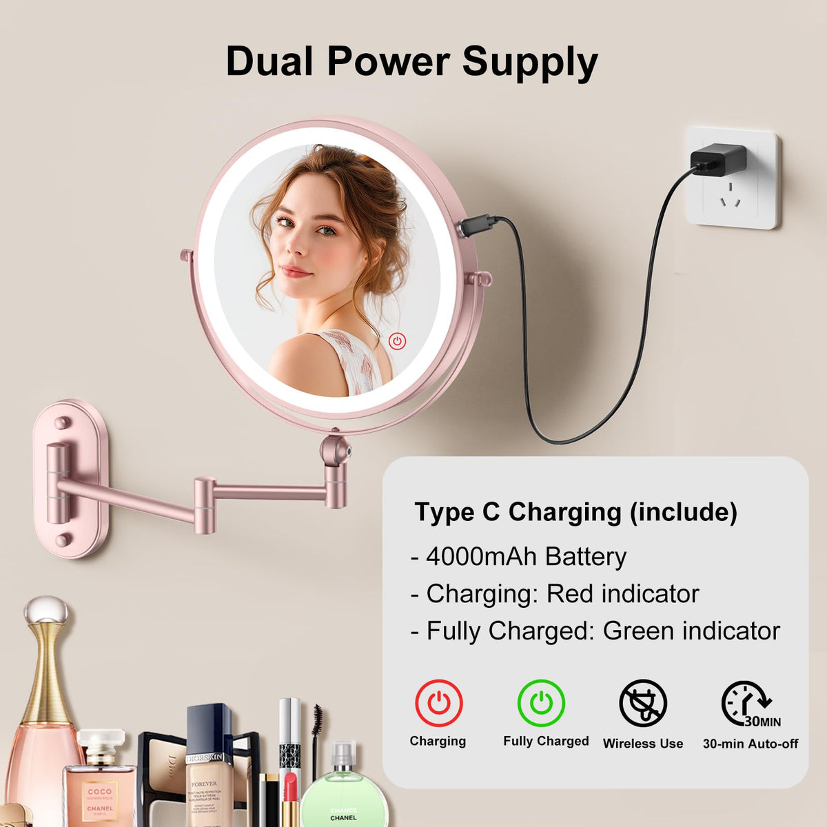 IMIKONA three-color lighting with dimming for natural, studio, or warm tones during makeup.