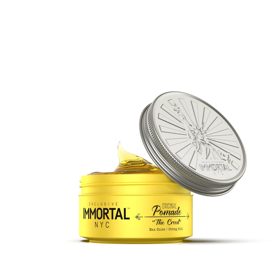Immortal NYC Creed pomade for strong hold and maximum shine, ideal for polished styles.