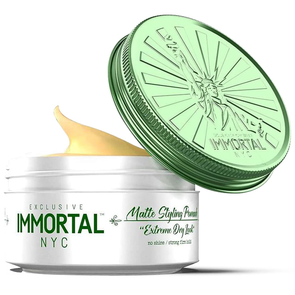 Immortal NYC Matte Styling Extreme Dry Look Pomade jar on a clean surface for mess-free hold.