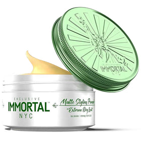 Immortal NYC Matte Styling Extreme Dry Look Pomade jar on a clean surface for mess-free hold.