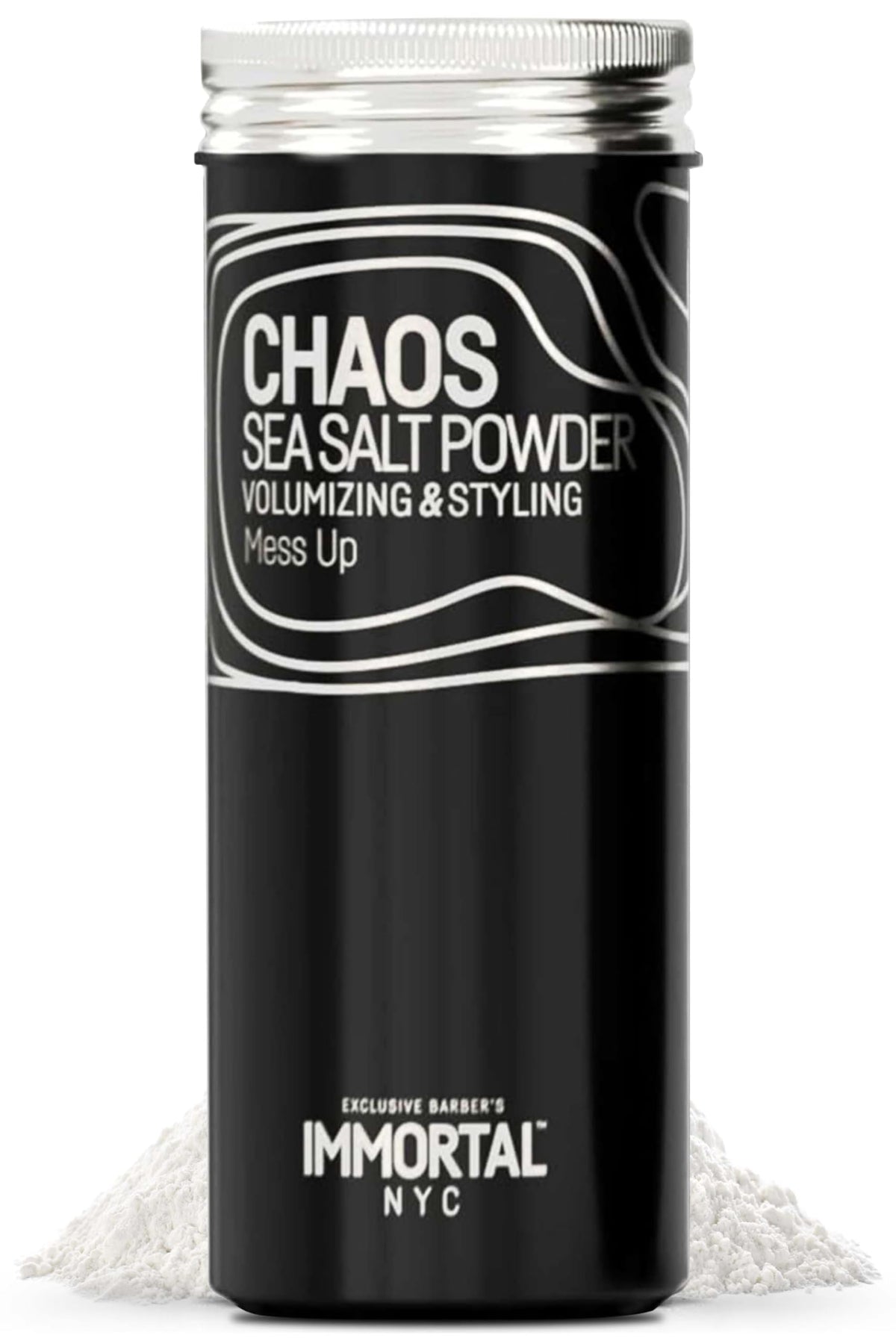 Immortal NYC Chaos sea salt powder jar for natural matte finish and strong hold.