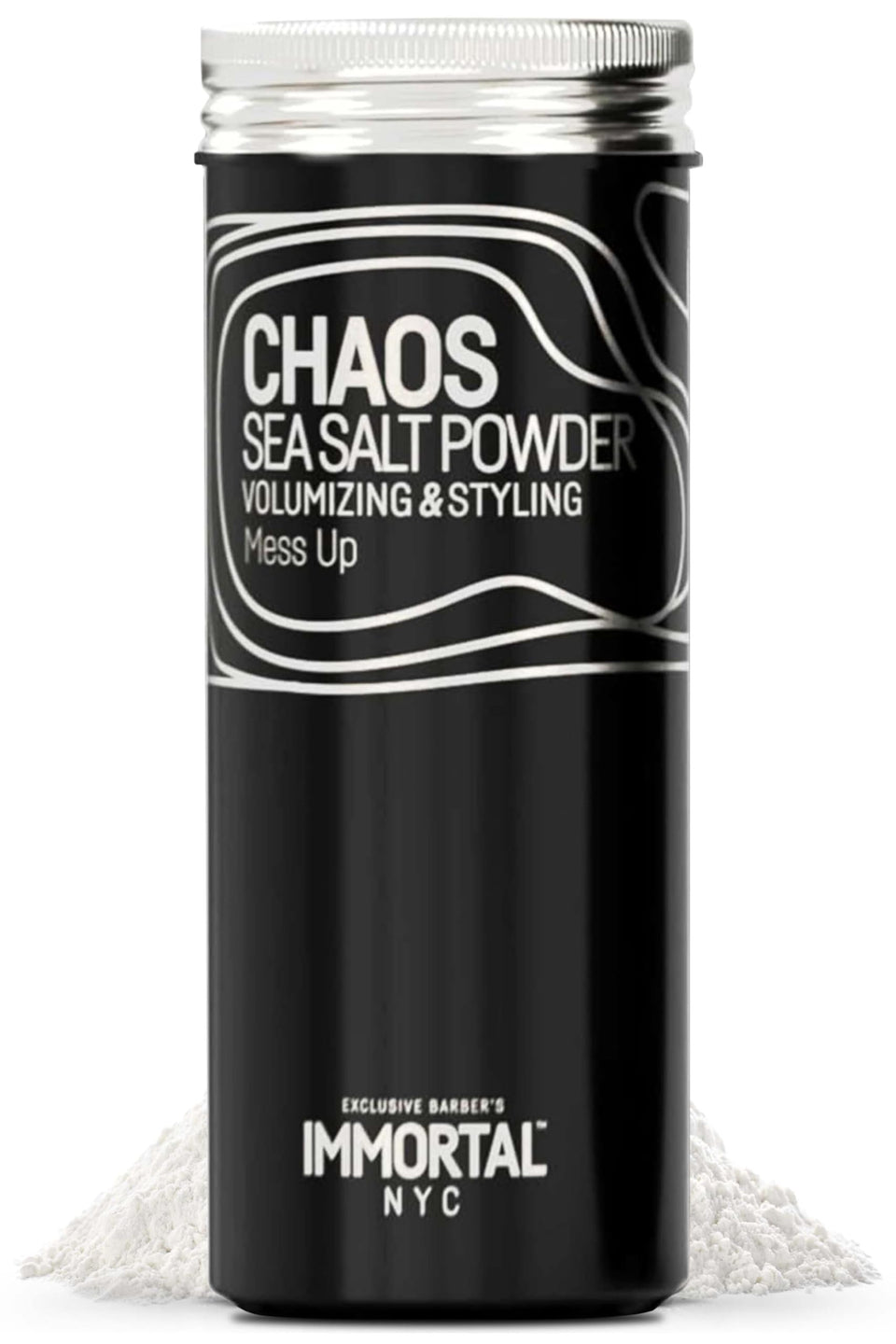Immortal NYC Chaos sea salt powder jar for natural matte finish and strong hold.
