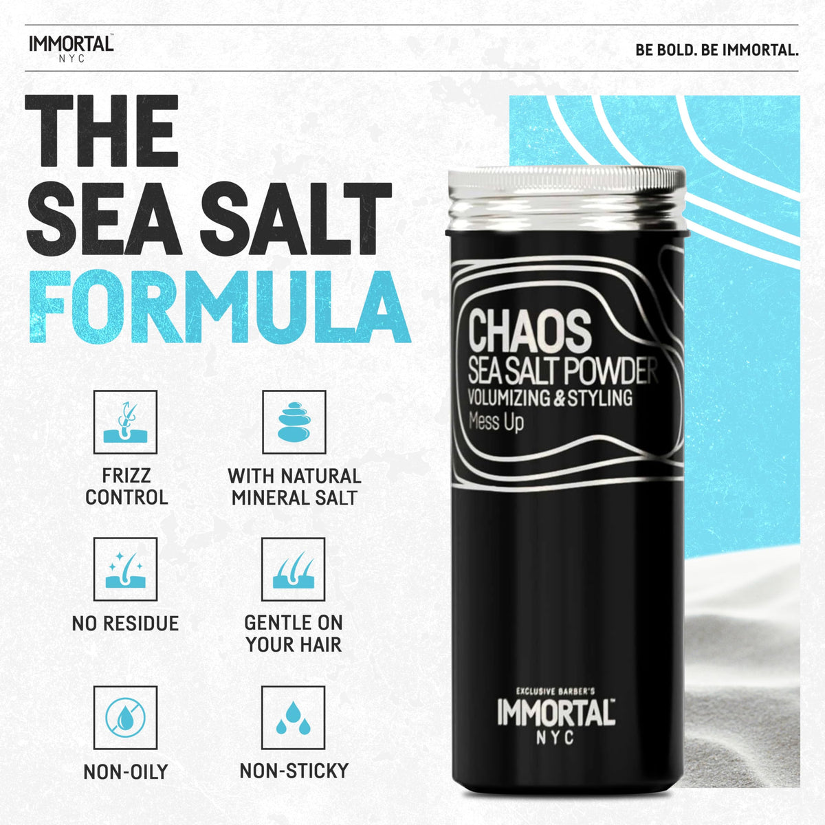 Immortal NYC Chaos sea salt powder shows easy wash-out and clean removal.