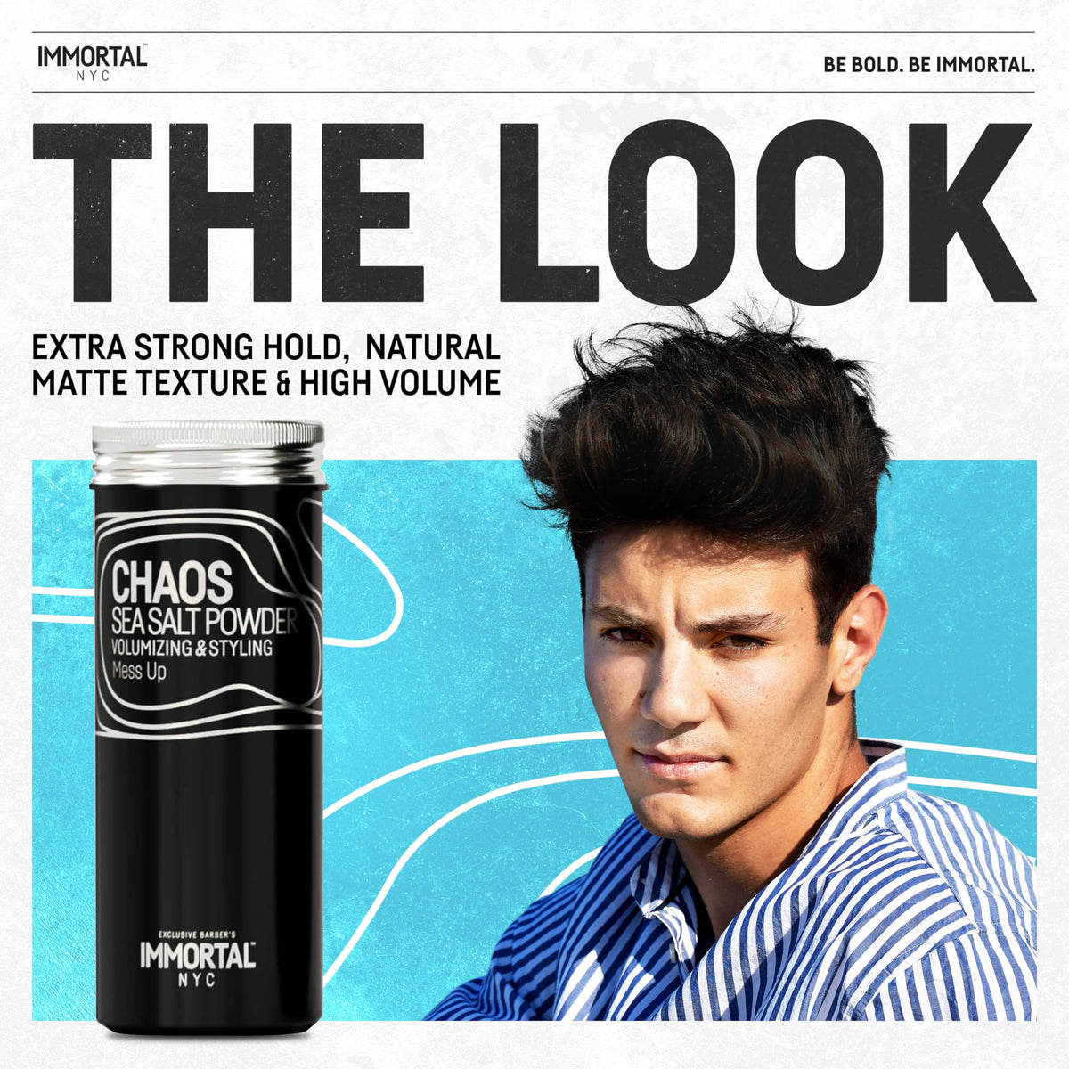 Immortal NYC Chaos texture-volume powder on hair delivers definition and grip.