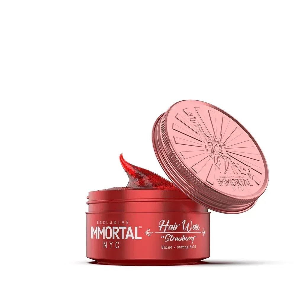 Immortal NYC Strawberry Hair Wax jar showing strong hold and glossy finish