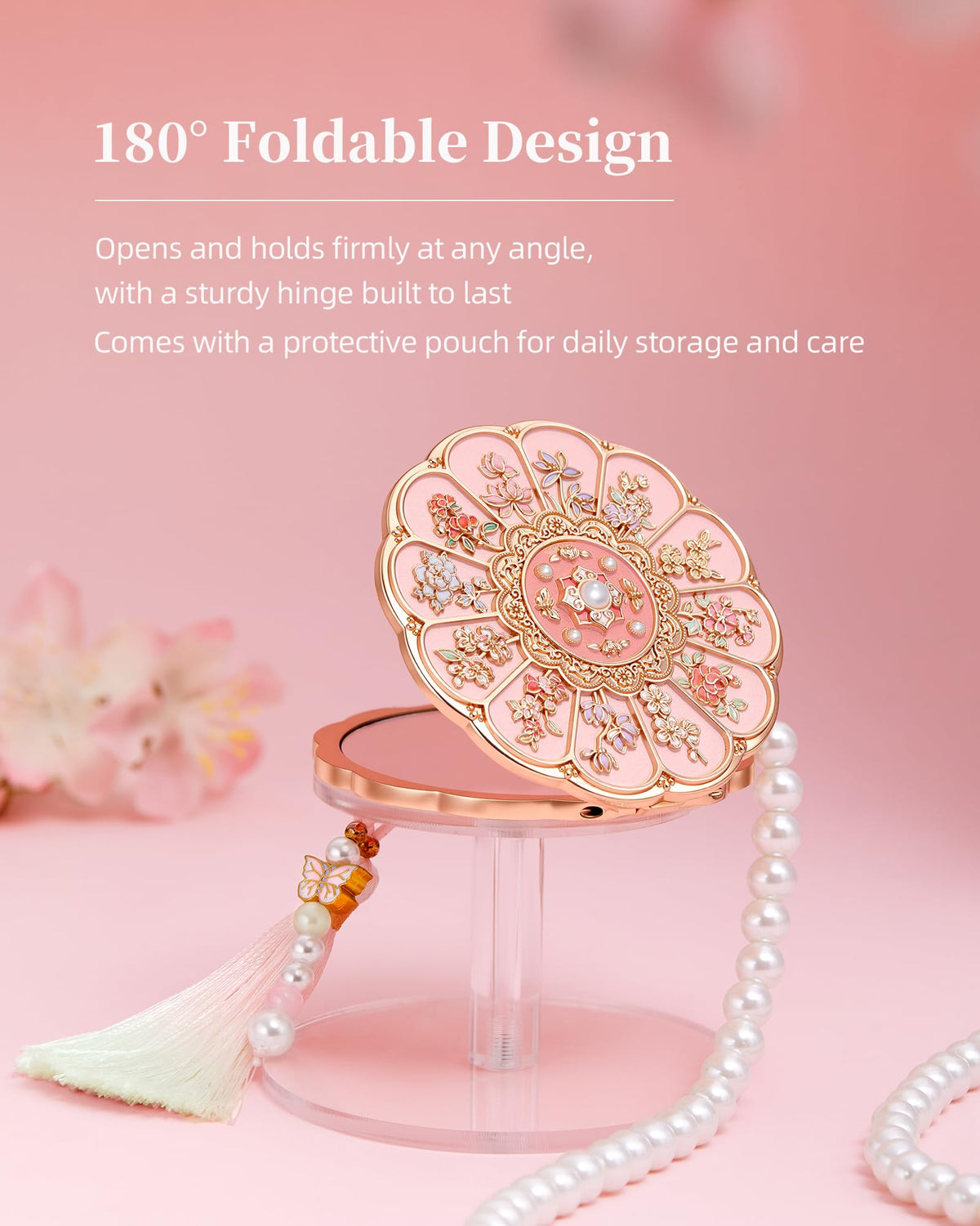 Imperblooms mini mirror features 3D relief, UV print, and gold plating.