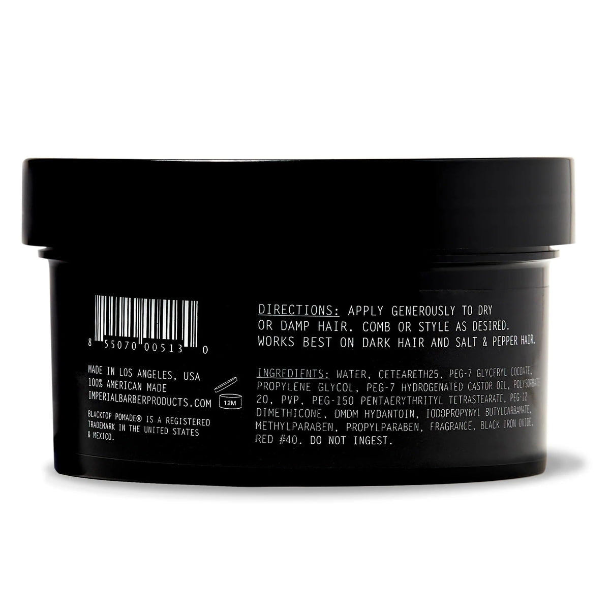 Imperial Black Top Pomade water-based with tint for easy washout.