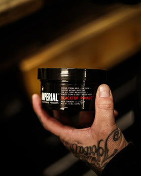 Imperial Black Top Pomade water-reactivable enables quick restyling.
