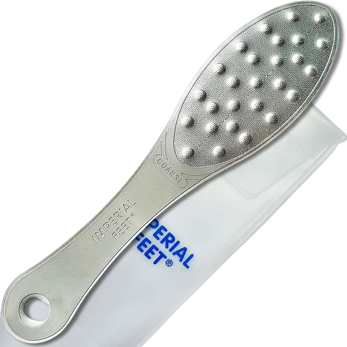 Imperial Feet stainless steel foot scraper front view for smoother skin