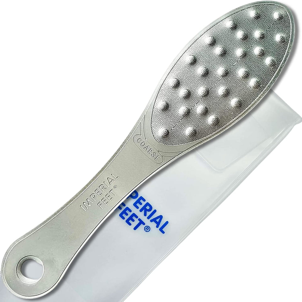 Imperial Feet stainless steel foot scraper front view for smoother skin