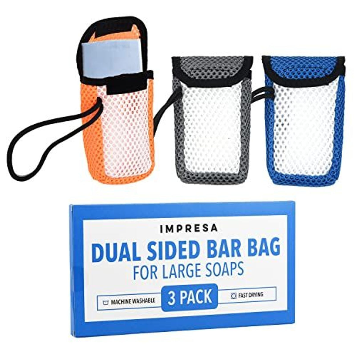 IMPRESA soap pouch with wrist-strap for secure, drop-free use in the shower.