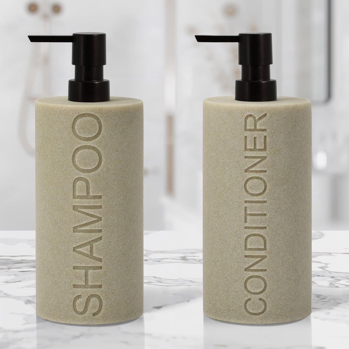 Indecor Home dispenser close-up showing embossed SHAMPOO text for easy identification.