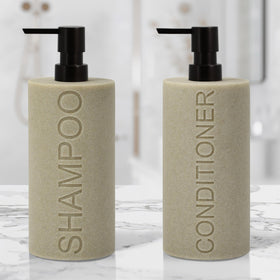 Indecor Home dispenser close-up showing embossed SHAMPOO text for easy identification.