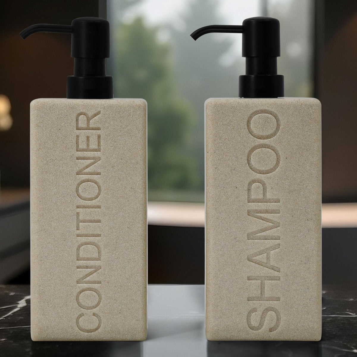 Indecor Home gray finish dispenser blends with contemporary bathroom decor.