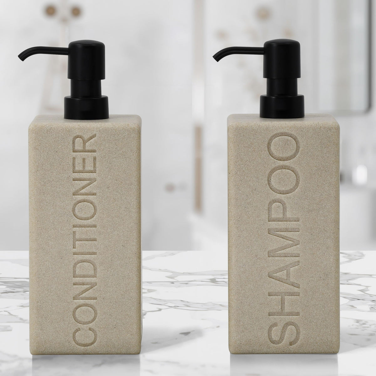 Indecor Home marble finish dispenser enhances premium bathroom aesthetics.
